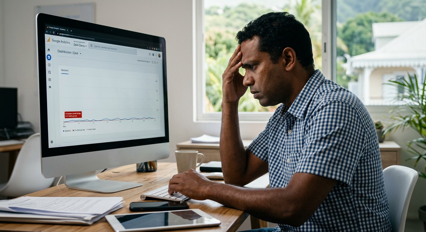 Entrepreneur réunionnais préoccupé devant Google Analytics avec courbes plates